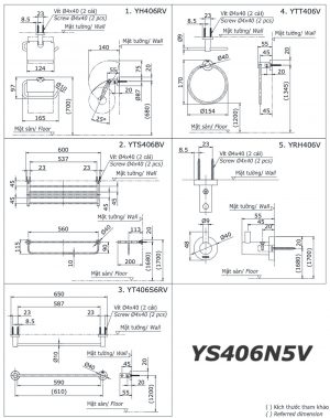 Bản vẽ kĩ thuật Bộ phụ kiện phòng tắm TOTO YS406N5V 5 Món