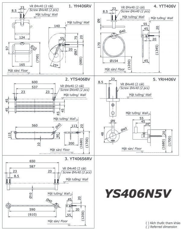 Bản vẽ kĩ thuật Bộ phụ kiện phòng tắm TOTO YS406N5V 5 Món