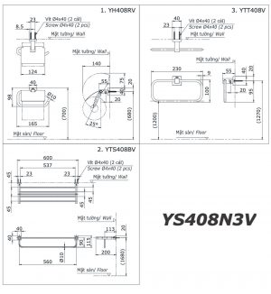 Bản vẽ kĩ thuật Bộ phụ kiện phòng tắm TOTO YS408N3V 3 Món