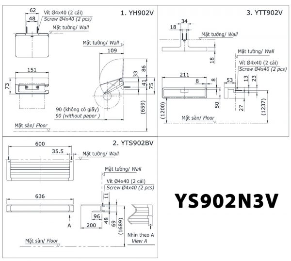 Bản vẽ kĩ thuật Bộ phụ kiện phòng tắm TOTO YS902N3V 3 Món