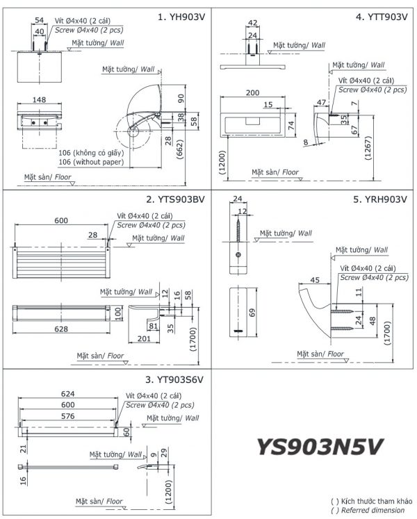 Bản vẽ kĩ thuật Bộ phụ kiện phòng tắm TOTO YS903N5V 5 Món