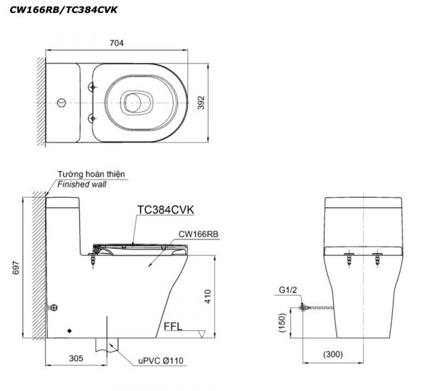 Bản vẽ kĩ thuật Bồn cầu 1 khối TOTO CW166RB TC384CVK nắp êm