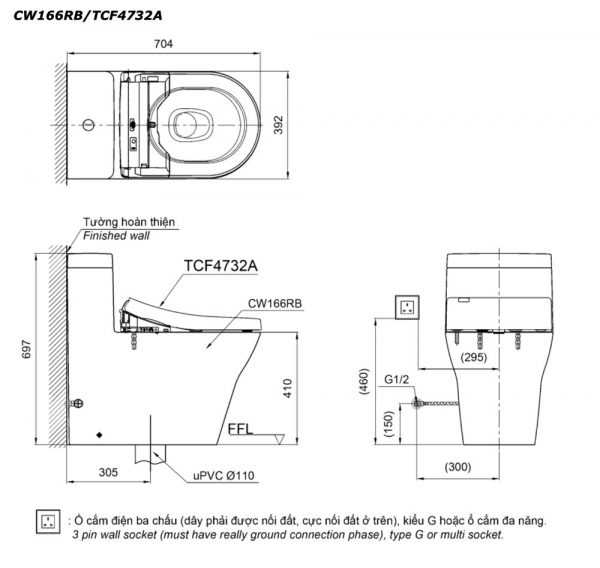 Bản vẽ kĩ thuật Bồn cầu 1 khối TOTO CW166RB TCF4732A (W5) nắp rửa điện tử