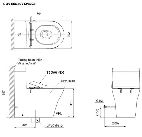 Bản vẽ kĩ thuật Bồn cầu 1 khối TOTO CW166RB TCW09S (E5) nắp rửa cơ