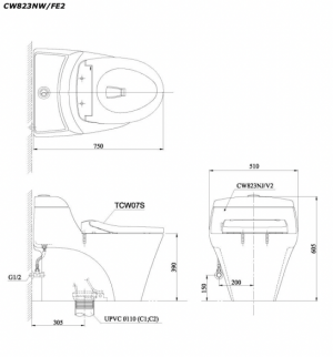Bản vẽ kĩ thuật Bồn cầu 1 khối TOTO CW823NWFE2 nắp rửa cơ TCW07S