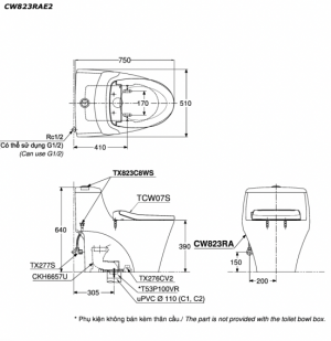 Bản vẽ kĩ thuật Bồn cầu 1 khối TOTO CW823RAE2 nắp êm TCW07S