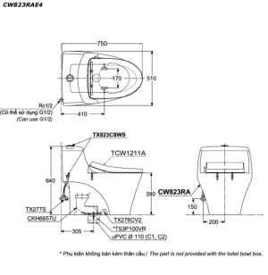 Bản vẽ kĩ thuật Bồn cầu 1 khối TOTO CW823RAE4 nắp rửa cơ TCW1211A