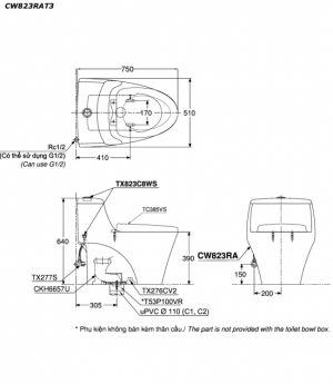 Bản vẽ kĩ thuật Bồn cầu 1 khối TOTO CW823RAT3 nắp êm TC385VS