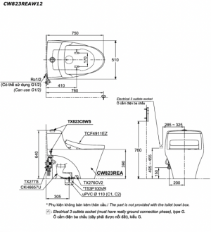 Bản vẽ kĩ thuật Bồn cầu 1 khối TOTO CW823REAW12 nắp rửa điện tử TCF4911EZ