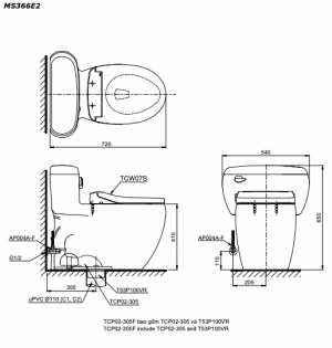 Bản vẽ kĩ thuật Bồn cầu 1 khối TOTO MS366E2 nắp rửa cơ TCW07S