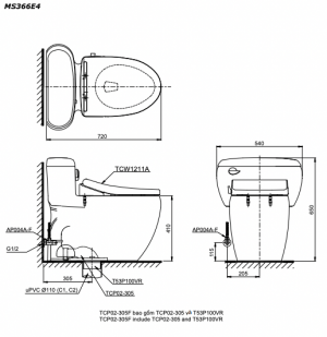 Bản vẽ kĩ thuật Bồn cầu 1 khối TOTO MS366E4 nắp rửa cơ TCW1211A