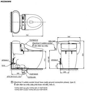 TOTO MS366W6 - Bồn cầu thông minh nắp rửa điện tử TCF6531Z 7 Bản vẽ kĩ thuật Bồn cầu 1 khối TOTO MS366W6 nắp rửa điện tử TCF6531Z