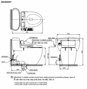 Bản vẽ kĩ thuật Bồn cầu 1 khối TOTO MS366W7 nắp rửa điện tử TCF6631A