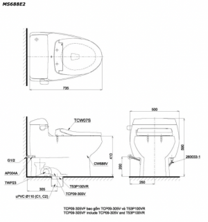 Bản vẽ kĩ thuật Bồn cầu 1 khối TOTO MS688E2 nắp rửa cơ TCW07S