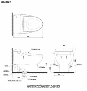 Bản vẽ kĩ thuật Bồn cầu 1 khối TOTO MS688E4 nắp rửa cơ TCW1211A 2
