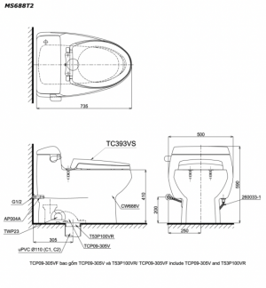 Bản vẽ kĩ thuật Bồn cầu 1 khối TOTO MS688T2 nắp êm TC393VS