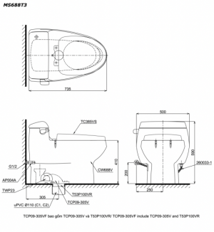bản vẽ kĩ thuật Bồn cầu 1 khối TOTO MS688T3 nắp êm TC385VS