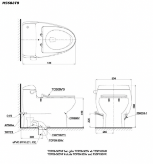 Bản vẽ kĩ thuật Bồn cầu 1 khối TOTO MS688T8 nắp êm TC600VS