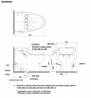 Bản vẽ kĩ thuật Bồn cầu 1 khối TOTO MS688W6 nắp rửa điện tử TCF6531Z