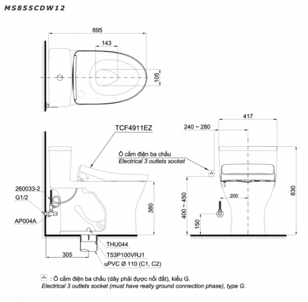 Bản vẽ kĩ thuật Bồn cầu 1 khối TOTO MS855CDW12 nắp rửa điện tử TCF4911EZ