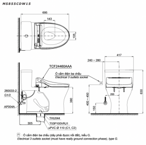 Bản vẽ kĩ thuật Bồn cầu 1 khối TOTO MS855CDW15 nắp rửa điện tử TCF24460AAA