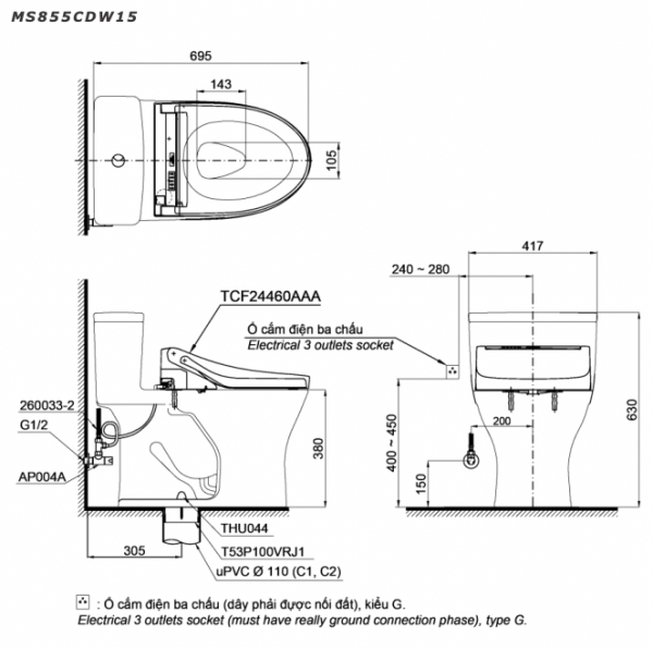 Bản vẽ kĩ thuật Bồn cầu 1 khối TOTO MS855CDW15 nắp rửa điện tử TCF24460AAA