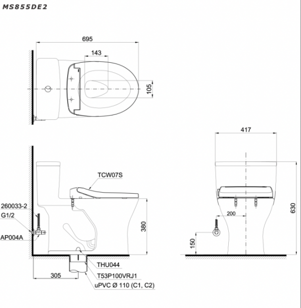 Bản vẽ kĩ thuật Bồn cầu 1 khối TOTO MS855DE2 nắp rửa cơ TCW07S