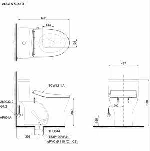 Bản vẽ kĩ thuật Bồn cầu 1 khối TOTO MS855DE4 nắp rửa cơ TCW1211A