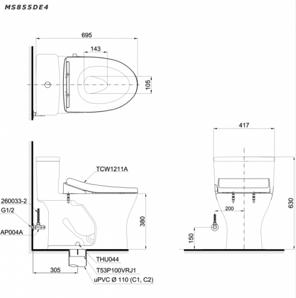 Bản vẽ kĩ thuật Bồn cầu 1 khối TOTO MS855DE4 nắp rửa cơ TCW1211A