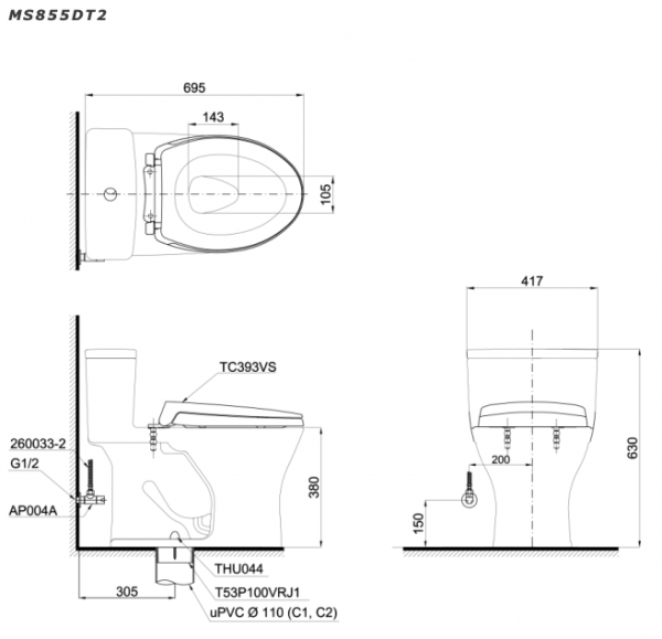 Bản vẽ kĩ thuật Bồn cầu 1 khối TOTO MS855DT2 nắp êm TC393VS