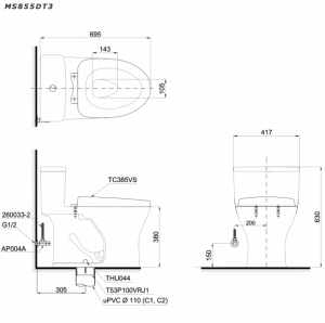 TOTO MS855DT3 - Bồn cầu 1 khối nắp êm TC385VS 10 Bản vẽ kĩ thuật Bồn cầu 1 khối TOTO MS855DT3 nắp êm TC385VS