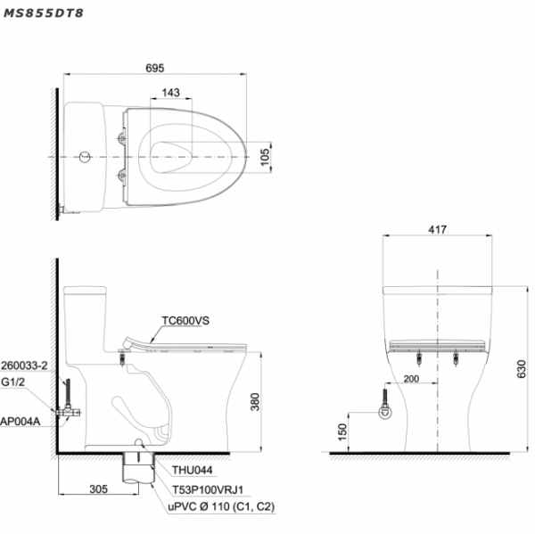 Bản vẽ kĩ thuật Bồn cầu 1 khối TOTO MS855DT8 nắp êm TC600VS