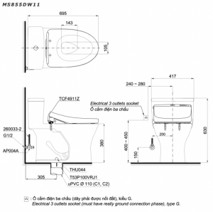 Bản vẽ kĩ thuật Bồn cầu 1 khối TOTO MS855DW11 nắp rửa điện tử TCF4911Z