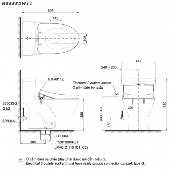 Bản vẽ kĩ thuật Bồn cầu 1 khối TOTO MS855DW11 nắp rửa điện tử TCF4911Z