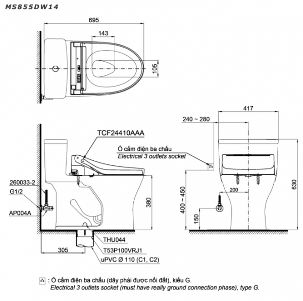 Bản vẽ kĩ thuật Bồn cầu 1 khối TOTO MS855DW14 nắp rửa điện tử TCF24410AAA