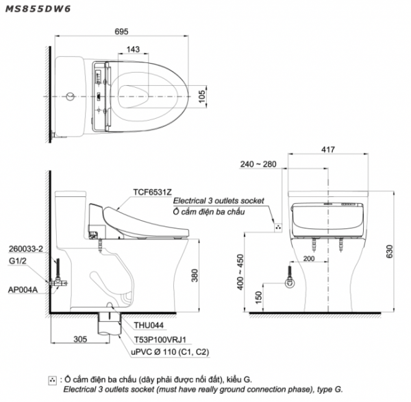 Bản vẽ kĩ thuật Bồn cầu 1 khối TOTO MS855DW6 nắp rửa điện tử TCF6531Z