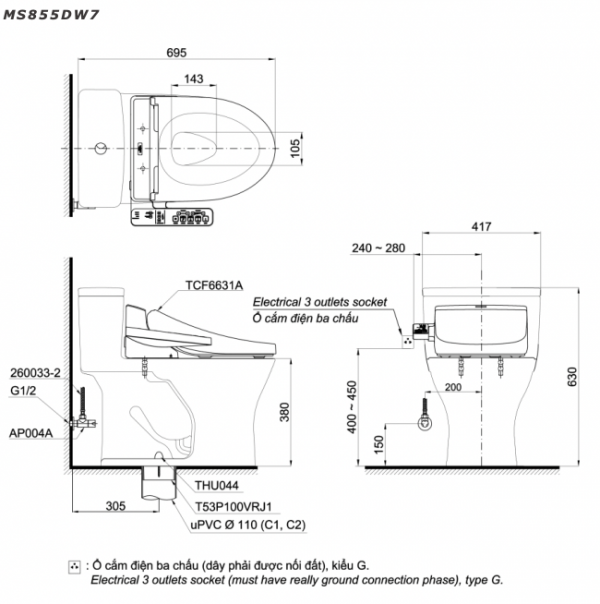 Bản vẽ kĩ thuật Bồn cầu 1 khối TOTO MS855DW7 nắp rửa điện tử TCF6631A