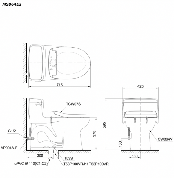 Bản vẽ kĩ thuật Bồn cầu 1 khối TOTO MS864E2 nắp rửa cơ TCW07S