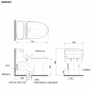 Bản vẽ kĩ thuật Bồn cầu 1 khối TOTO MS864E4 nắp rửa cơ TCW1211A