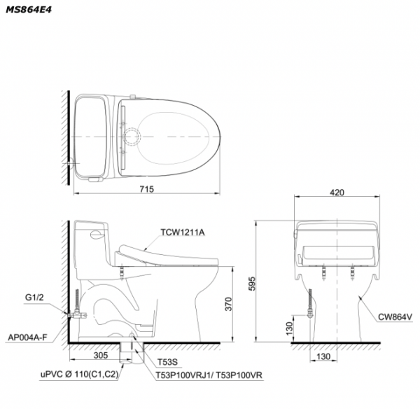 Bản vẽ kĩ thuật Bồn cầu 1 khối TOTO MS864E4 nắp rửa cơ TCW1211A