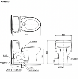 Bản vẽ kĩ thuật Bồn cầu 1 khối TOTO MS864T2 nắp êm TC393VS