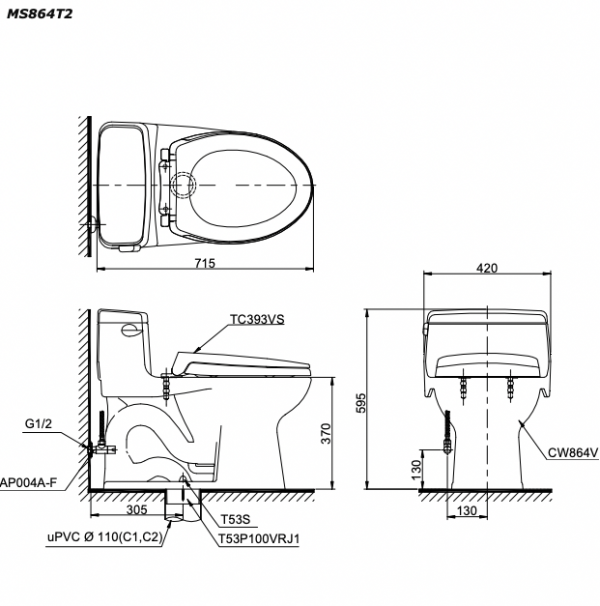 Bản vẽ kĩ thuật Bồn cầu 1 khối TOTO MS864T2 nắp êm TC393VS