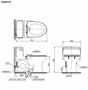 Bản vẽ kĩ thuật Bồn cầu 1 khối TOTO MS864T8 nắp êm TC600VS