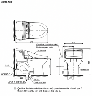 Bản vẽ kĩ thuật Bồn cầu 1 khối TOTO MS864W6 nắp rửa điện tử TCF6531Z