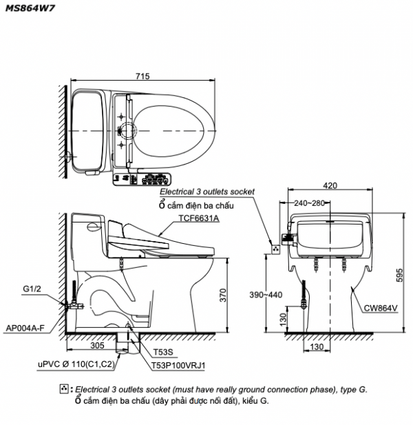 Bản vẽ kĩ thuật Bồn cầu 1 khối TOTO MS864W7 nắp rửa điện tử TCF6631A