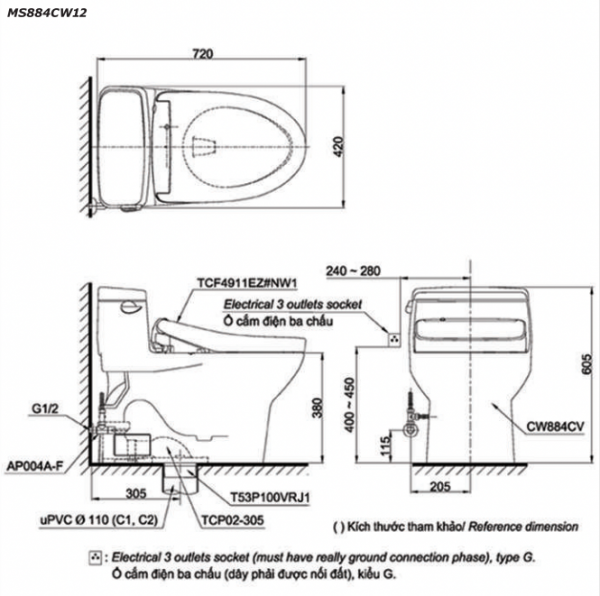 Bản vẽ kĩ thuật Bồn cầu 1 khối TOTO MS884CW12 nắp rửa điện tử TCF4911EZ
