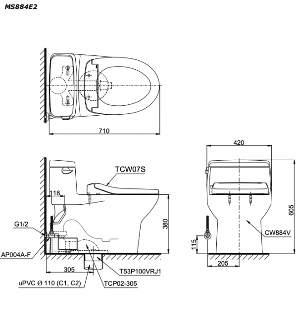 Bản vẽ kĩ thuật Bồn cầu 1 khối TOTO MS884E2 nắp rửa cơ TCW07S