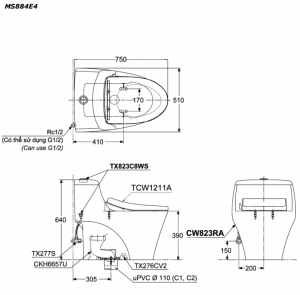 Bản vẽ kĩ thuật Bồn cầu 1 khối TOTO MS884E4 nắp rửa cơ TCW1211A