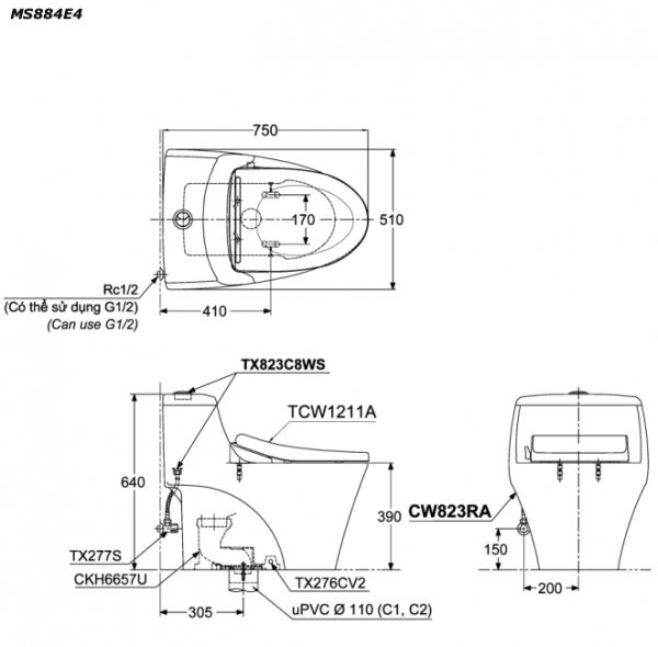 Bản vẽ kĩ thuật Bồn cầu 1 khối TOTO MS884E4 nắp rửa cơ TCW1211A