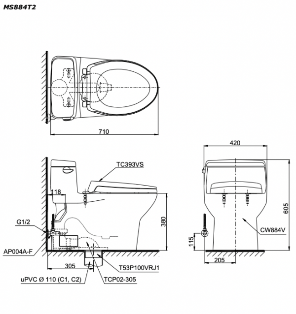 Bản vẽ kĩ thuật Bồn cầu 1 khối TOTO MS884T2 nắp êm TC393VS